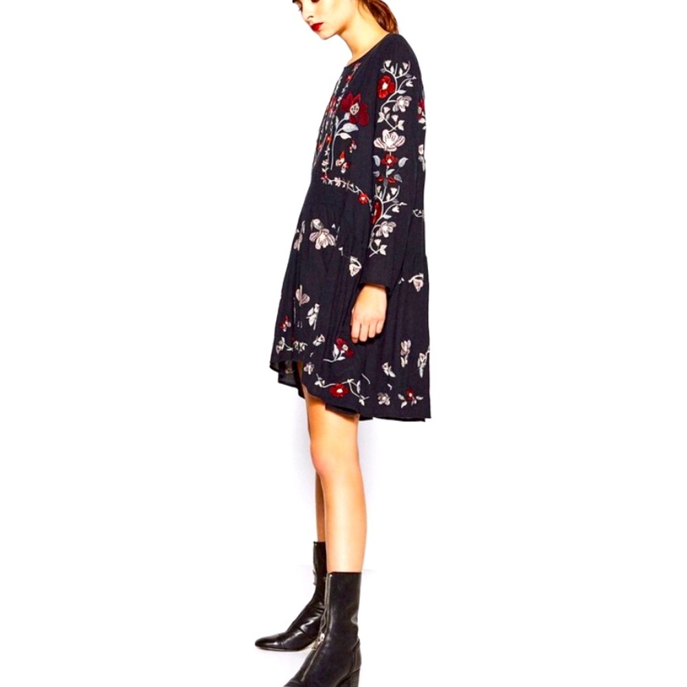 Zara Black Floral Embroidered Long-Sleeve Tunic Dress - Picture 3 of 15